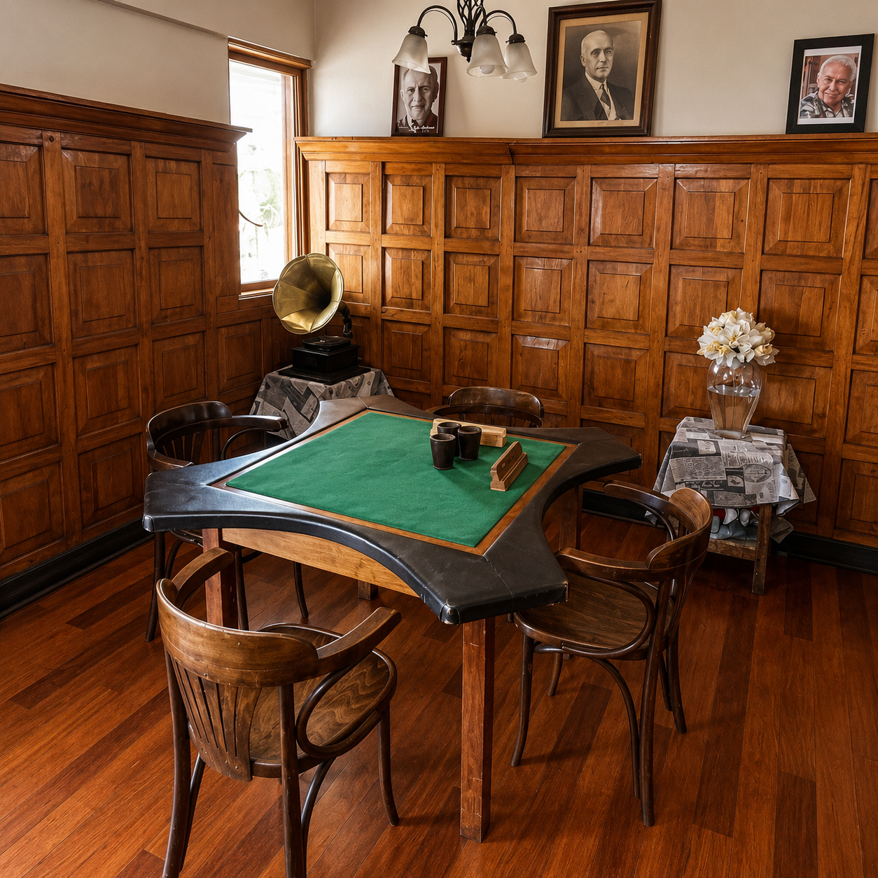 Salon historico con mesa de juego y madera